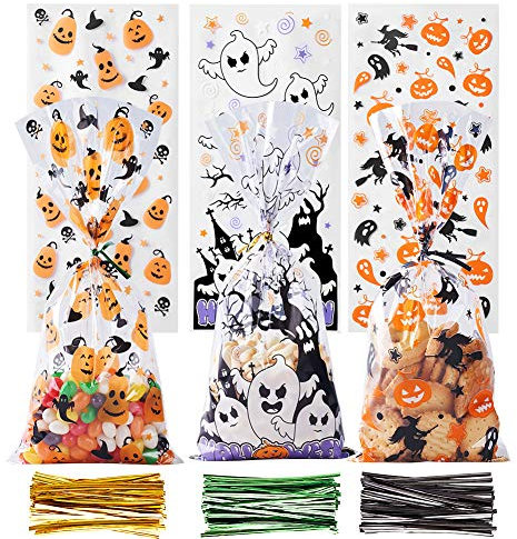 CCINEE Halloween-Zellophanbeutel, 150 Stück, Halloween-Kunststoffbeutel mit 300 Twists für Snacks, Kekse, Verpackung