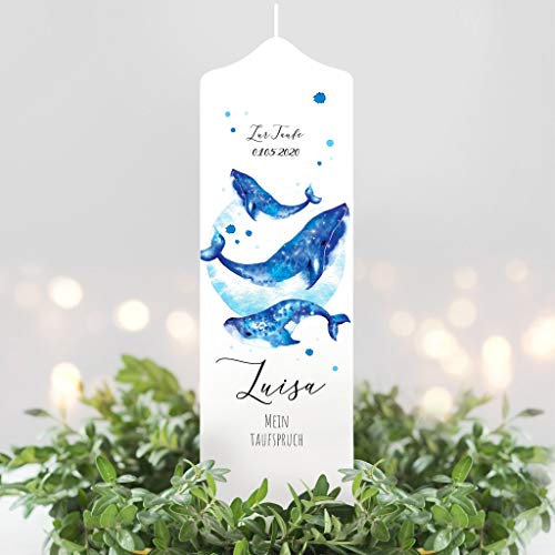Wandtattoo Loft Taufkerze Junge oder Mädchen Wal Kerze Blau weiße Kerze zur Taufe, Geburt Kommunion weiß 25 x 7 cm mit Name, Datum, ggf. Taufspruch / / Taufkerze 25 x 7 cm (eigener Taufspruch)