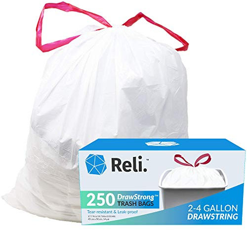 Reli. 2-4 Gallon Trash Bags Drawstring | 250 Count | 18x 20 | Small Garbage Bags 4 Gallon - Drawstring Handles | White Trash Can Liners 2 Gal - 3Gal - 4Gal | Small Bin Liners, Office