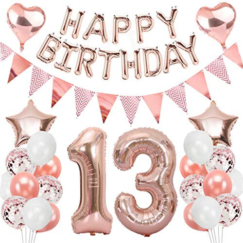 Ouceanwin Geburtstagsdeko 13 Jahre Mädchen, Rosegold Luftballon 13. Geburtstag Deko Set, Folienballon Zahl 13, Helium Ballon Happy Birthday Girlande für 13. Geburtstag Kinder Party Deko