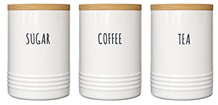 Karisky Kitchen Storage Canisters, Set of 3 Tea Coffee Sugar Jar with Airtight Bamboo Lid, Modern Farmhouse Metal Food Storage Container for Kitchen Counter