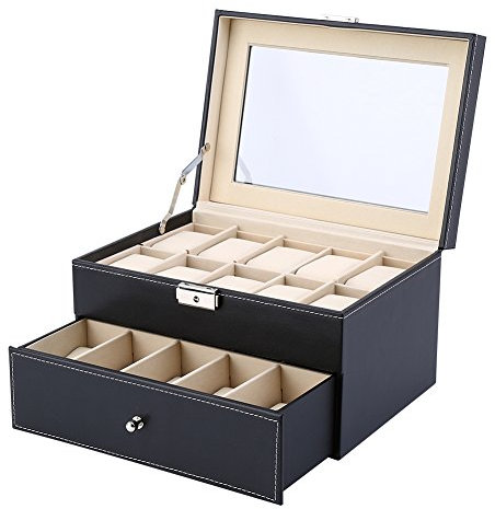 Cocoarm Uhrenbox Uhrenkoffer Uhrenkasten Uhrenschatulle Watch Box 20 Gitter Uhren Organizer PU Leder Schmuck Vitrine mit Samt-Innenfutter Schmuckkollektion Armbanduhr Box, 28,3 x 20,3 x 16,6 cm