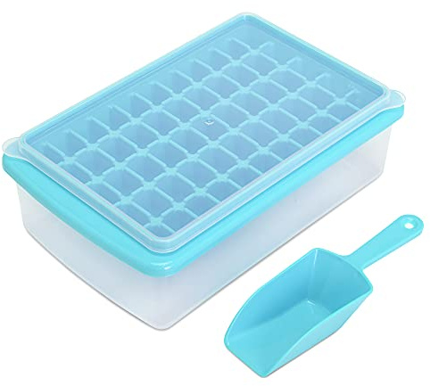 Ice Cube Tray with Lid and Bin for Freezer, Easy Release 55 Nugget Ice Tray with Cover, Storage Container, Scoop. Perfect Small Ice Cube Maker Tray & Mold. Flexable Durable Plastic, BPA Free