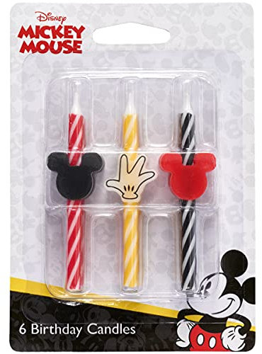 Disney's Mickey Mouse Birthday Cake Candles | 6 Birthday Candles for Cake Decorations, Red, Yellow & Black Stripe Candles for Mickey Mouse Party