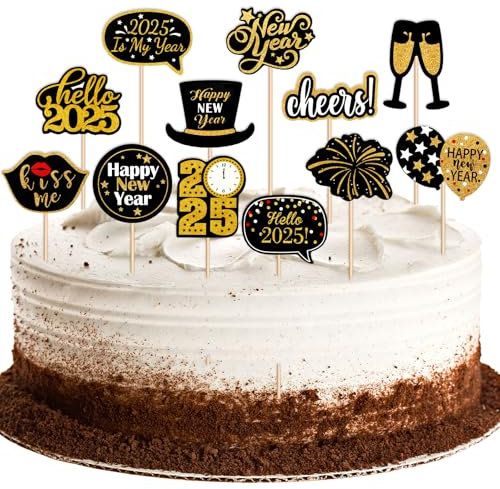 DPKOW 24 Stück Happy New Year Tortendeko 2025 Cupcake Topper Picks Muffin Deko Cake Topper für Silvester Deko 2025 Kuchen Deko Silvester Party Silvester Tischdeko