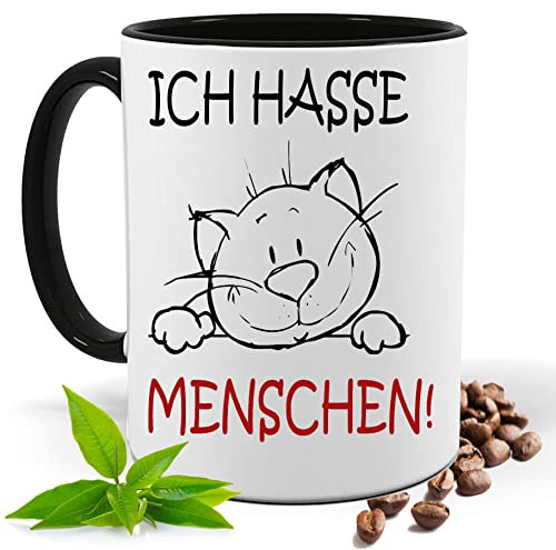 Lustige Tasse mit Spruch |ICH HASSE MENSCHEN | Katze| Kakao- Kaffee- Tee- Fototasse| Geschenke für männer frauen | Keramik Tasse |Spülmaschinenfest (Schwarz)