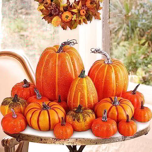 Benjia Kürbis Herbst Deko Dekoration Draußen, Groß Mini Orange Kürbisse Zierkürbisse Herbstdeko Herbstdekorationen Halloween (Orange, 16 Stück)