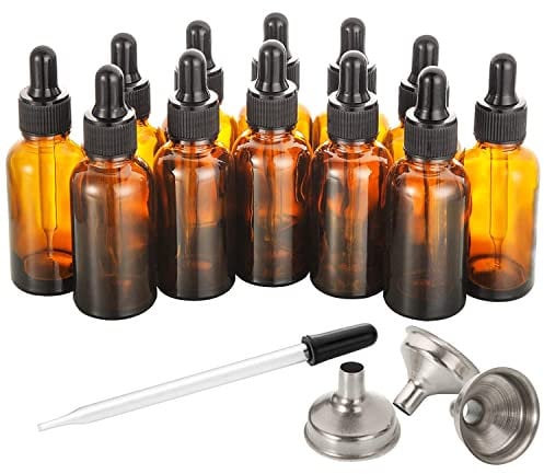 12 Pack, 60ml Glass Dropper Bottle with Dropper Pipette, Come with 3 Stainless Steel Funnels & 1 Long Glass Dropper Pipette - 2 oz Amber Glass Tincture Bottles for Essential Oils, Liquids