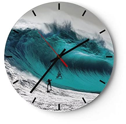 Modern Wanduhr Surfen Welle Türkis 40x40cm Rund Groß Wand Uhr Glas Analog Zimmeruhren Küche Büro Wohnzimmer Glasuhr Wall Clock Dekoration Design Wanddekoration Küchenuhr C3AR40x40-4351