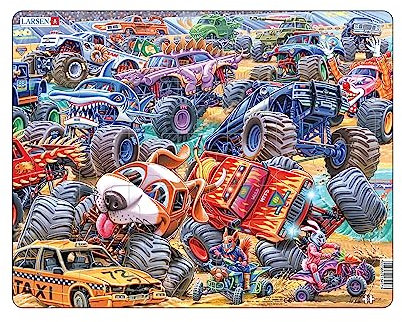 Larsen PG5 Rahmenpuzzle für Kinder I Spannendes Monster Truck Rennen I Puzzle ab 2 Jahre I Schönes Kinderpuzzle mit 35 Teilen I Spiel, Spaß & Lernen