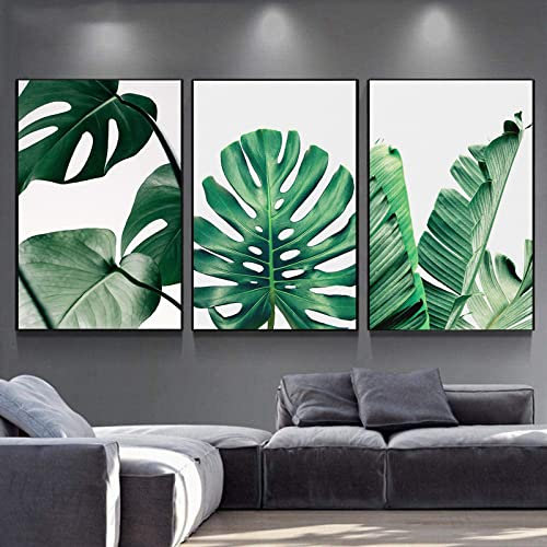 HTWLMM Grün Monstera Pflanzen Leinwand Kunstdruck Poster Grün Blätter Bilder für Wohnzimmer Wandbilder Deko Schlafzimmer Modern Rahmenlos (3X60X90CM)
