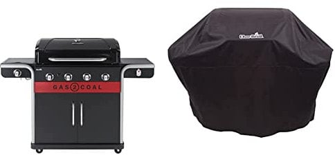 Char-Broil Gas2Coal 440 (2.0) Hybrid Grill - 4 - Brenner Gas & Kohlegrill mit Seitenbrenner, Schwarz & 140766 - Universal Wetterschutzhaube für 3 & 4-Brenner-Gasgrill