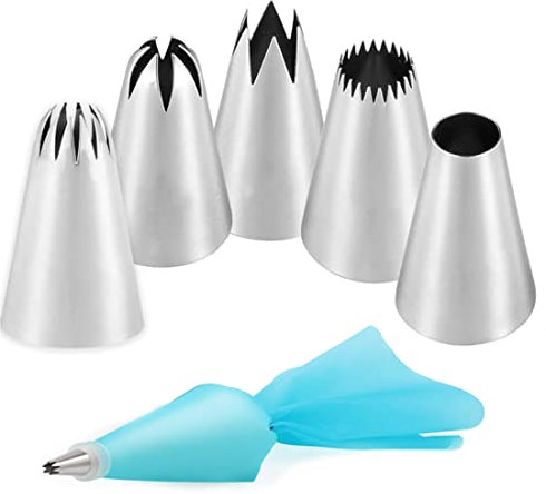 XPEX Paquete de 6 boquillas de Acero Inoxidable, Accesorios para Hornear, 5 boquillas y 1 Manga pastelera de Silicona Reutilizable para Decorar Pasteles, postres, Galletas, Pasteles