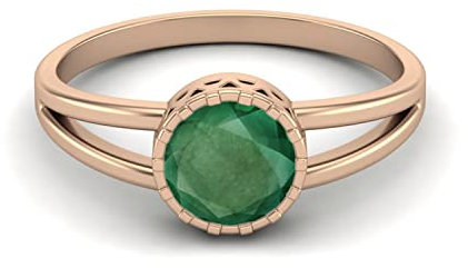 0,75 ct runde Form Lünette Set Smaragd Edelstein Solitär 925 Sterling Silber Verlobungsringe mit gespaltenem Schaft für Frauen (Roségold Vermeil, 56)
