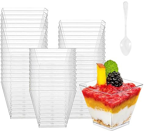 BASVII Lot de 50 Verres à Dessert de 60 ml, Avec 50 Cuillères à Dessert pour Pudding, Mousse, Crème Glacée, Gobelets à Dessert Carrés pour Anniversaire (Trasparente)