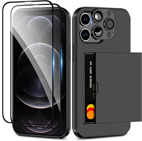 Coolden for iPhone 12 Case with Card Holder 2 Screen Protector + 1 Camera Lens Protector Heavy Duty Protective Case Shockproof Wallet Case Cover for iPhone 12/12 Pro Phone Case-Black