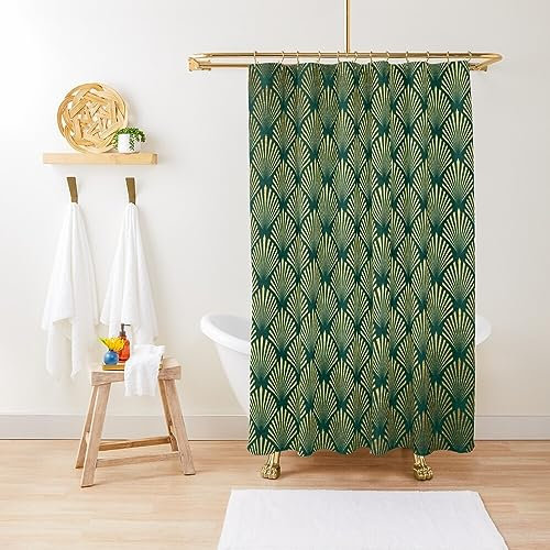 ZGDPBYF Duschvorhang, elegant, Grün und Gold, Art-Deco-Rautenmuster, wasserdicht, Duschvorhang, Stoff, Badezimmer-Dekor mit Haken, 180 B x 180 H cm