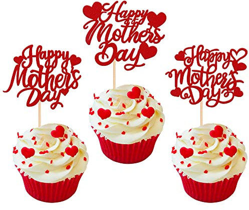 Xsstarmi 30 Pack Happy Mother's Day Cupcake Toppers Glitter Heart Best Mom Cupcake Picks for Happy Mother's Day Theme Mother's Birthday Party Cake Decorations Supplies Red