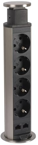 LEGRAND, Incara Tower 60, Einbausteckdose mit Lift-System, Multi-Tischsteckdose, 2x FTP Cat. 6 RJ 45 Datendose, 4x Steckdose, 2P+E Stecker, 60mm Ø, Einbautiefe: 356,5mm, Aluminium/Schwarz, 654977