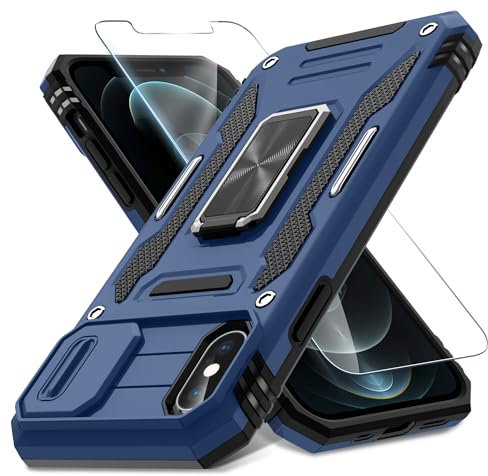 DEERLAMN Case for iPhone X/XS with Slide Camera Cover+Screen Protector,Rotated Ring Kickstand Military Grade Shockproof Protective Cover 5.8 Inch-Navy Blue