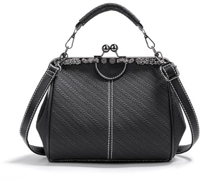 Kiss Lock Handtasche für Damen, Vintage-Stil, PU-Leder, Abendtasche, Clutch, Retro, hohl, Umhängetasche, Schultertasche, Schwarz