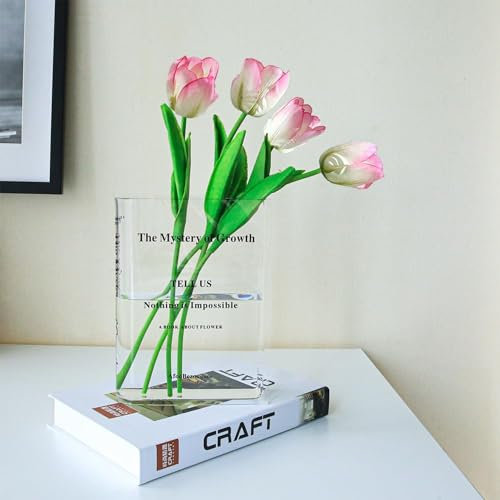 Thapncow Buchvase Transparente Tulpenvase Book Vase und Acryl Buchvase, Bücherform Vase für Blumen - 18cm x 15cm x 4cm - Ästhetische Bulk Vase für Home & Kitchen.