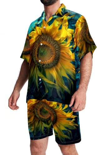 FNETJXF Camicia hawaiana da uomo, abiti da uomo in 2 pezzi, abiti da vacanza da uomo, girasole dipinto a olio, camicia e pantaloncini abbinati da uomo, Motivo 1442, XL