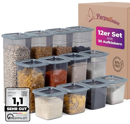 Parpalinam Vorratsdosen mit Deckel Luftdicht, 12er Vorratsbehälter Set, Aufbewahrungsbox Küchen Organizer, BPA frei, Küche Aufbewahrung & Organisation für Cornflakes Mehl Müsli
