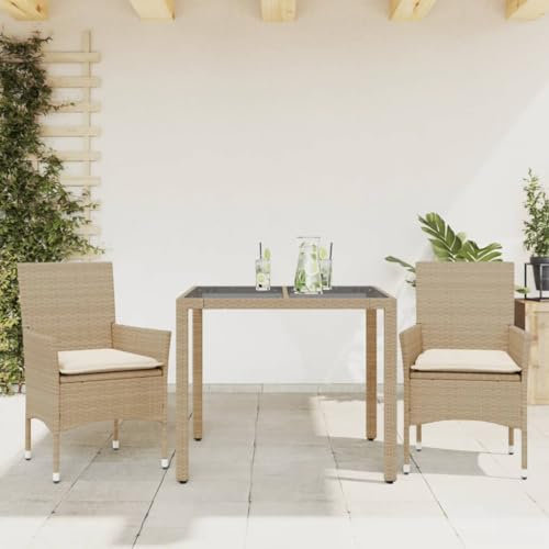 Homgoday 3-TLG. Garten-Essgruppe mit Kissen Gartenmöbel Tisch mit Stühle Sitzgruppe für Garten Terrasse Balkonmöbel Esstisch Gartenstühle Terrassenmöbel Beige Poly Rattan und Glas
