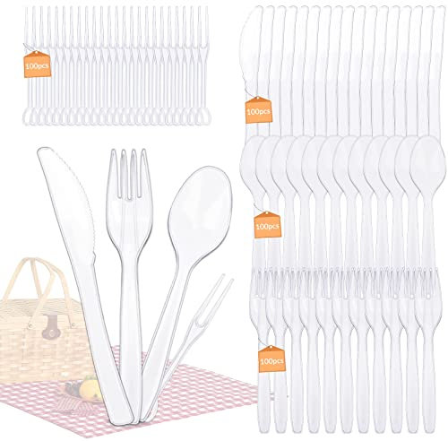 WOOWAIR 400 Pezzi Posate di Plastica Riutilizzabili, 100 Forchette Plastica, 100 Coltelli Plastica, 100 Cucchiaio in Plastica e 100 Forchette da Frutta, Posate per Feste per Compleanno, Matrimoni