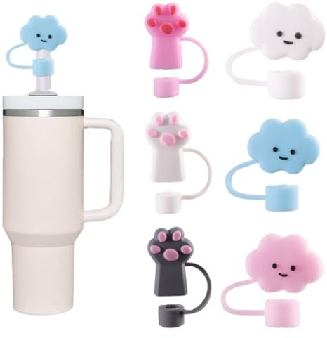Straw Cover Cap for Cup, 6 Pieces Dust-Proof Silicone Straw Toppers, Reusable Straws Cover Tips, for Tumbler Accessories, Silicone Straw Topper, Clouds & Cat's Paw, Multicolor