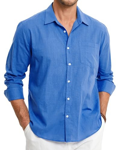 HISDERN Men's Blue Linen Shirt Long Sleeve Lightweight Button Up Regular Fit Casual Summer Shirts with Pocket L