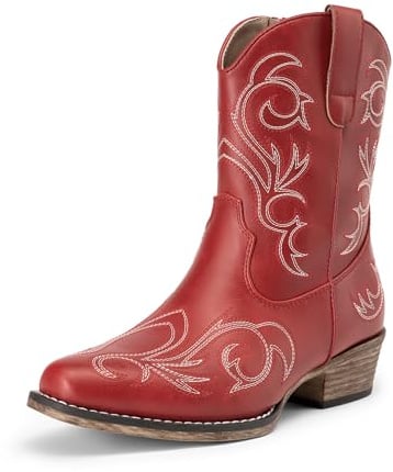 DREAM PAIRS Women's Cowboy Cowgirl Western Boots Embroidered Stitched Ankle Boots Square Toe Chunky Heel Fashion Short Booties with Zipper,Size 10,Red,DWUMAB2511