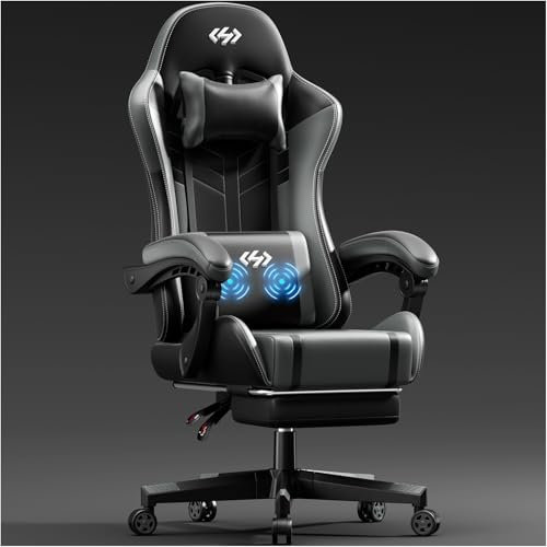 HLFURNIEU Chaise Gaming Massante, Fauteuil Gaming avec Coussin à Ressorts Ensachés, Chaise Gamer avec Coussin Lombaire Massant et Repose-Pieds, Appui-tête, Siège Gaming Noir et Gris