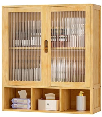Yorbay Badezimmerschrank Hängend mit 2 Milchglastüren und Offenem Fach, Bambus Medizinschrank für Bad, Platzsparendes Wandschrank Küchenschrank, 22 x 59 x 66 cm (Bambusfarbe)