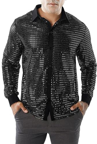 Herren Pailletten Langarm Hemd 70er Disco Party Kostüm Button Down Disco Glitzer Shirts Hemd Nachtclub Fasching Oberteil Nachtclub Top (Schwarz, 3XL)