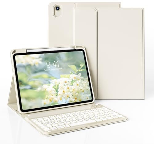 JKSML Tastatur Hülle für iPad (A16) 11 Zoll 2025 & iPad 10.Generation 10,9 Zoll 2022,Bluetooth QWERTZ Tastatur Hülle mit Pencil Halter, Soft TPU Rückseite Gehäuse, Auto Schlafen/Wecken (Weiße Creme)