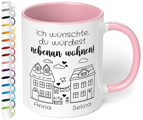 True Statements Freundschafts-Tasse „Ich wünschte, du würdest nebenan wohnen!“ – Personalisierte Geschenk-Idee für beste Freundin BFF - Abschiedsgeschenk - Keramik, ca. 330ml, Rosa