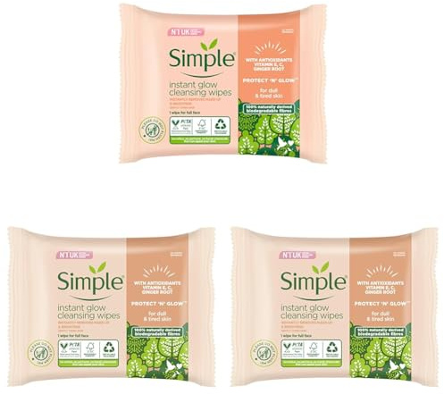 Simple Protect ‘N’ Glow Instant Glow Biodegradable Wipes dermatologically tested for sensitive skin 20 wipes (Pack of 3)