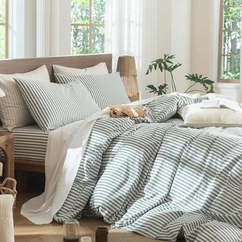 Lanqinglv Bettwäsche 135x200 Baumwolle Gestreift Grün Weiß,100% Renforce Baumwolle Bettwäsche Set mit Reißverschluss,ÖKO-TEX Bettwäsche für Allergiker Geeignet,1 Bettbezug & 1 Kissenbezug 80x80 cm