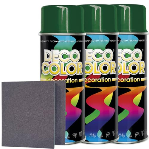 Craft-Equip DC 3er Sparpack Lackspray nach RAL in 400ml zur Lackierung von Auto Stahl Aluminium Beton Holz und 2 Stück Schleifpads (3 Dosen in moosgrün glanz RAL 6005 + 2 Stück Schleifschwamm)