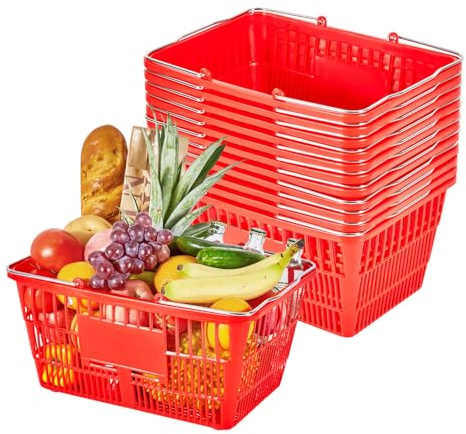 VEVOR Panier de Courses Plastique 12 PCS Panier à Provisions Empilable Capacité 21 L pour Épicerie Vente au Détail Magasins Supermarchés, avec Poignées Métalliques, Maille Dense, Charge 9,07 kg, Rouge