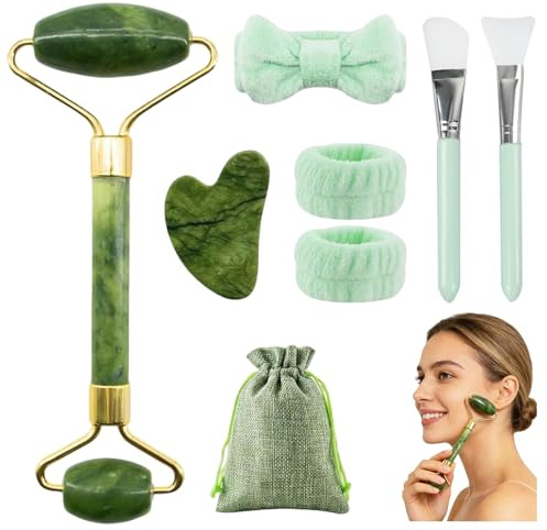 8PCS Gua Sha Stein und Gesichtsroller,Guasha Stein für Gesichtsmassage | Gua Sha Gesichtsmassagegerät Jade Roller,Natürlicher Jade Massageroller,Massagewerkzeug für Augenschwellungen Skincare
