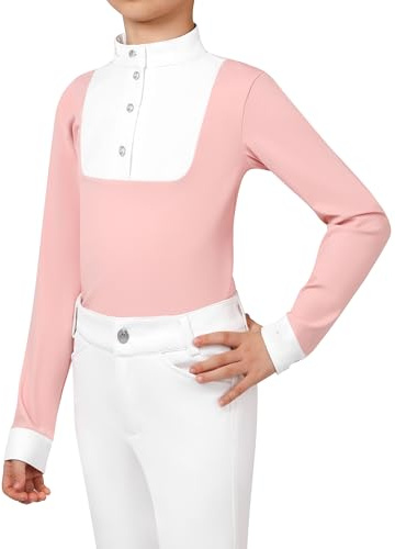 Charmsphere Girls Equestrian Show Shirt for Kids, Horse Riding Competition Shirt, White Stand Collar (XS–L) Light Coral M
