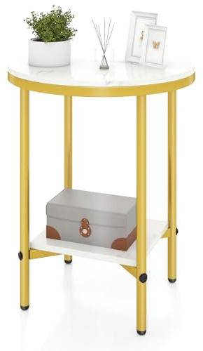 COSTWAY Round Side Table, 2-Tier Faux Marble Nightstand Sofa End Table with Storage Shelf, Metal Frame Wooden Small Accent Coffee Tea Bedside Table for Living Room Bedroom, 40.5x40.5x51cm (White+Gold)