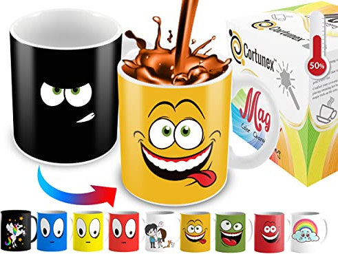 Cortunex Heat Changing Mug - 11 Oz Color Changing Ceramic Mug with Yellow Smiley Face - Unique Funny Coffee Mug Design