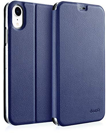 doupi Deluxe FlipCover para iPhone XR (6,1 Pulgada) Carcasa Case magnético Funda Caso tirón Estilo Libro Protector de Cuero Artificial, Azul
