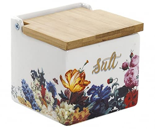 Hogar y Mas Salero Cocina Floral con Tapa de Madera Bambú, 750 ml, Almacenamiento de Especias. Tarro/Bote Conservas 11x11x11 cm