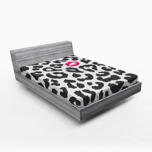 ABAKUHAUS Safari Spannbetttuch, Gepard-Leopard-Kuss, Soft Dekorativer Stoff Bettwäsche Rund-um Elastischer Gummizug, 140 x 200 cm, Charcoal Grey Pink