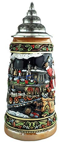 King German Beer Stein 0,75 Liter tankard, Santa's Train Stein, Blue, unpainted with Pewter lid
